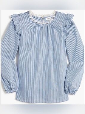 J.Crew Long Sleeve Ruffle Shoulder Stripe Top Blue White 100% Cotton Size Large